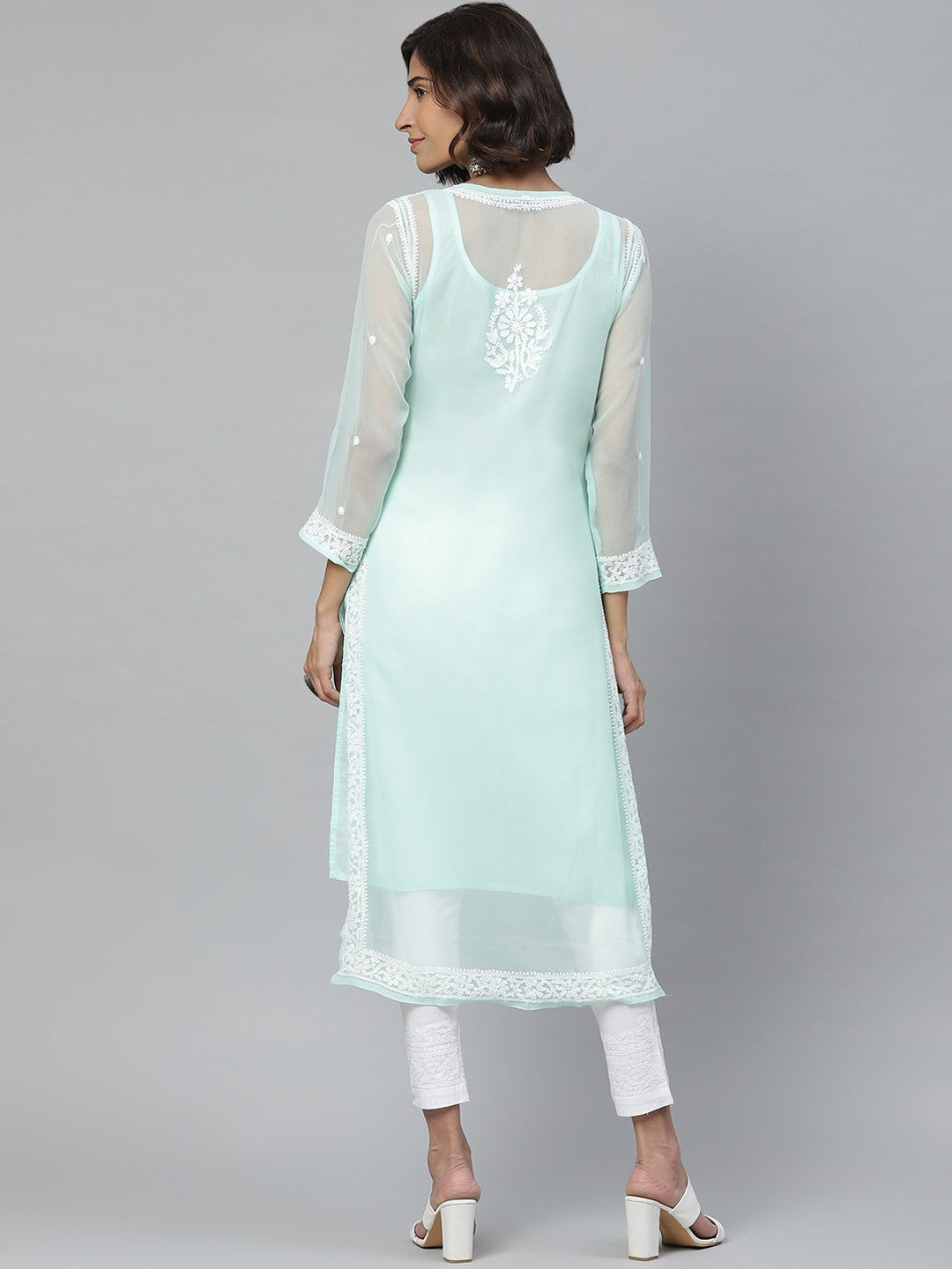 Ada Hand Embroidered Sea Green And White Georgette Lucknowi Chikankari Kurta Set with Slip A100540