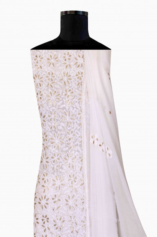 Ada Hand Embroidered White Georgette Lucknowi Chikan Unstitched Kurta Dupatta Set With Gota Patti Work - A618294