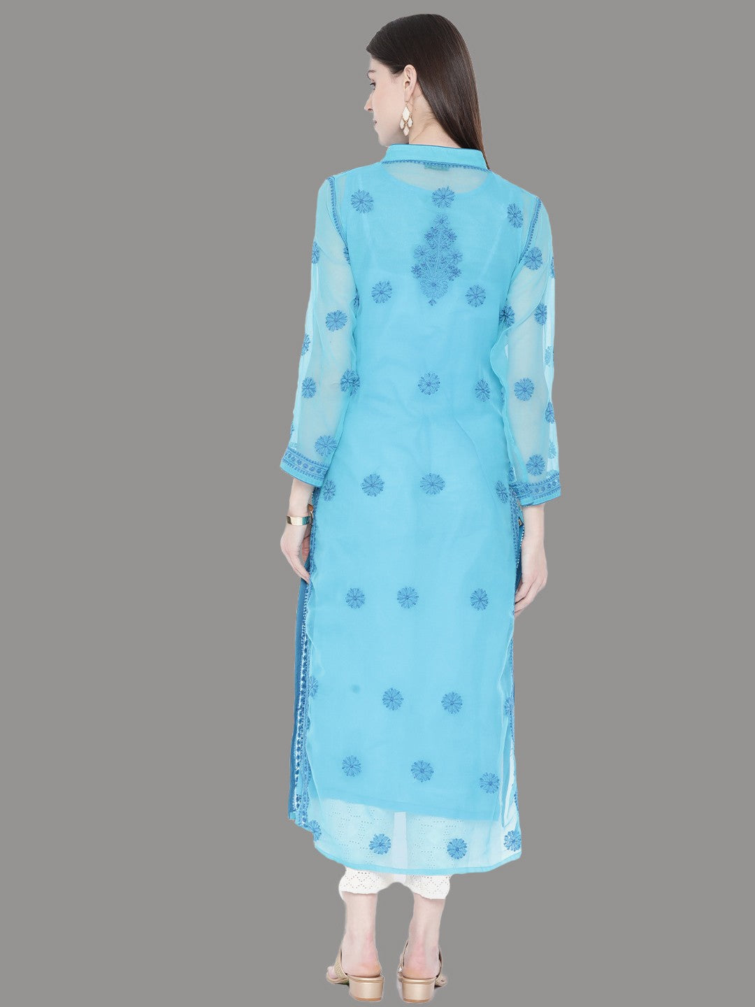 Ada Hand Embroidered Blue Georgette Lucknowi Chikankari Straight Kurta With Slip A225894