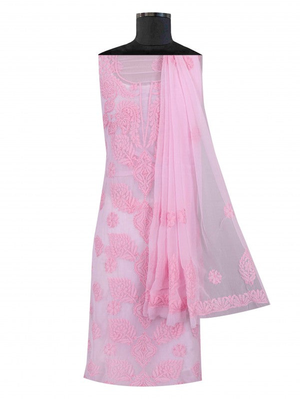 Ada Hand Embroidered Baby Pink Georgette Lucknowi Chikan Unstitched Suit Piece A211228
