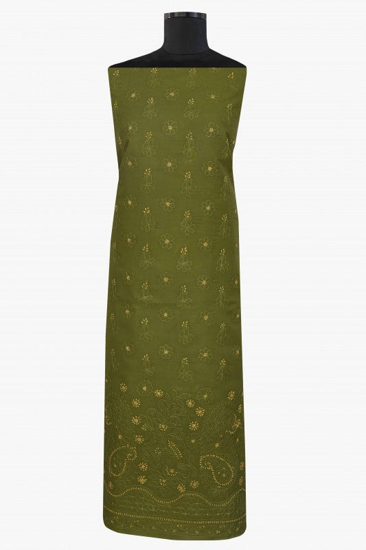 Ada Hand Embroidered Green Cotton Lucknowi Chikan Unstitched Suit Piece–A100250