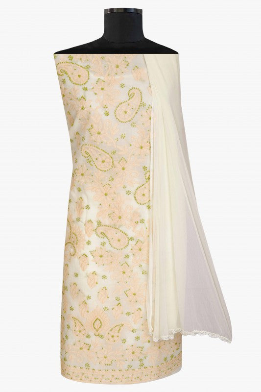 Ada Hand Embroidered Cream Cotton Lucknowi Chikan Unstitched Suit Piece A211114