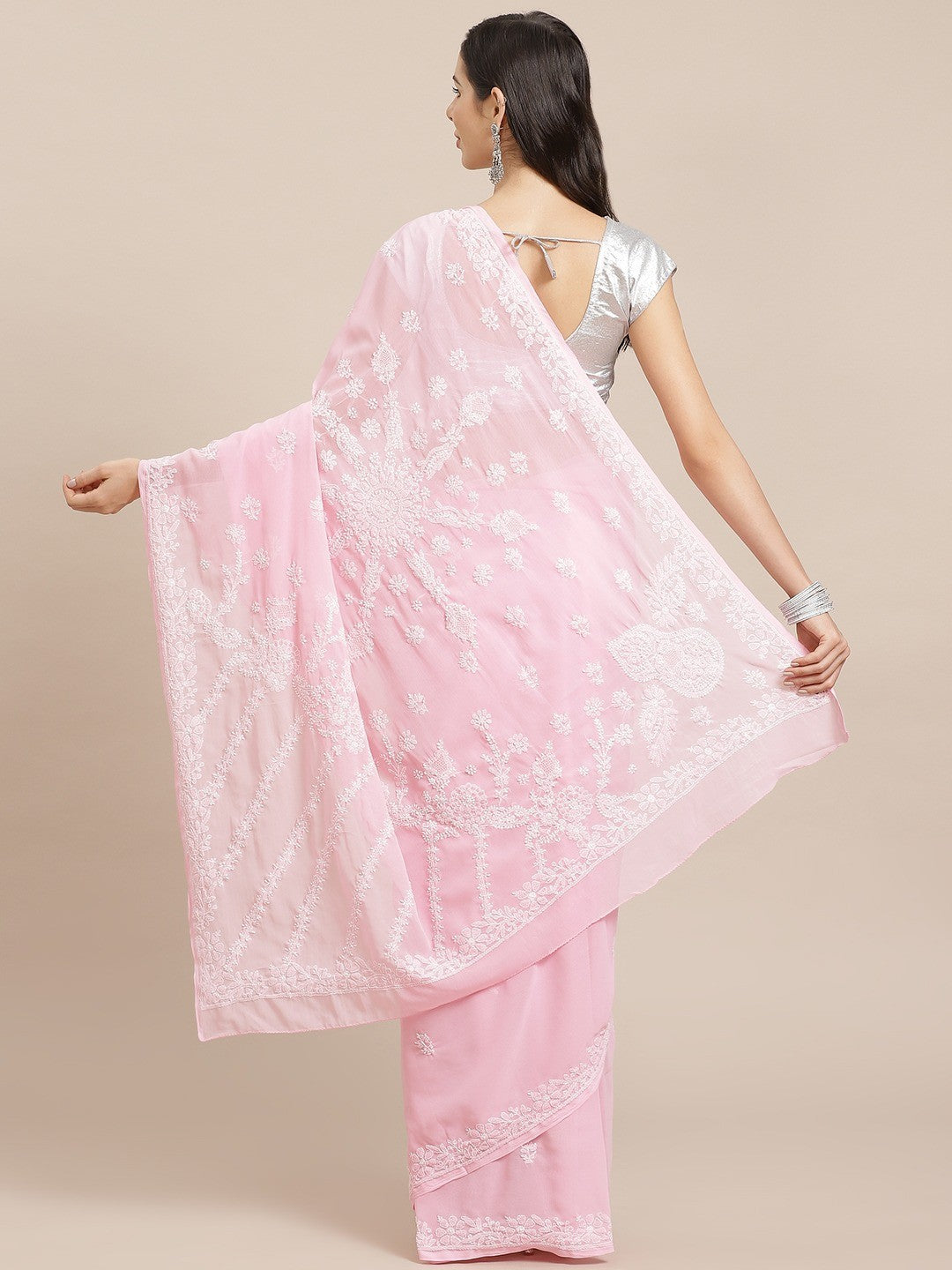 Ada Hand Embroidered Pink Georgette Lucknow Chikan Saree With Blouse A129583