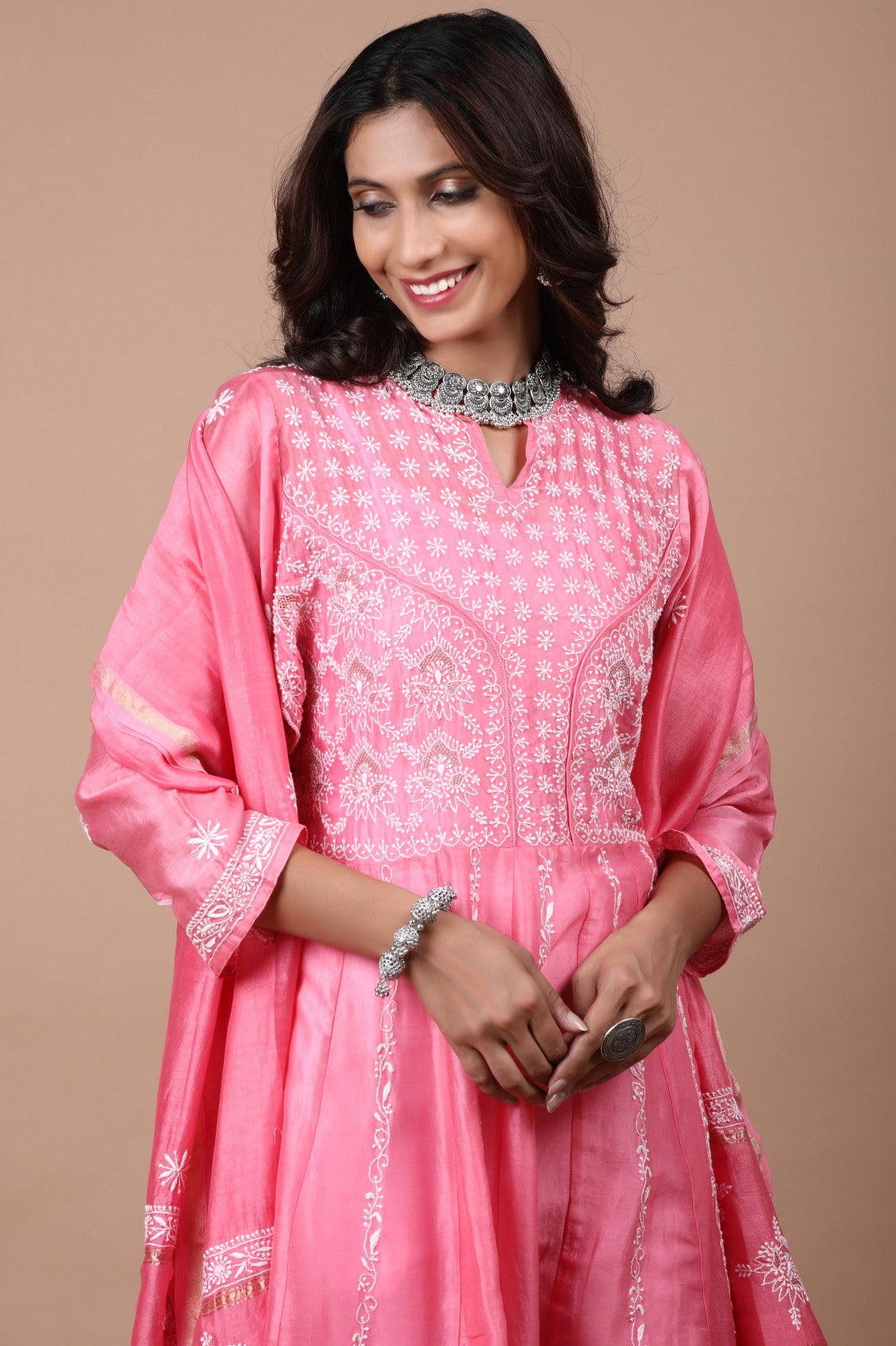 Ada Hand Embroidered Pink Chanderi Lucknowi Chikankari Semi-Stitched Anarkali Kurta Dupatta Set With Zari Work 01A205804