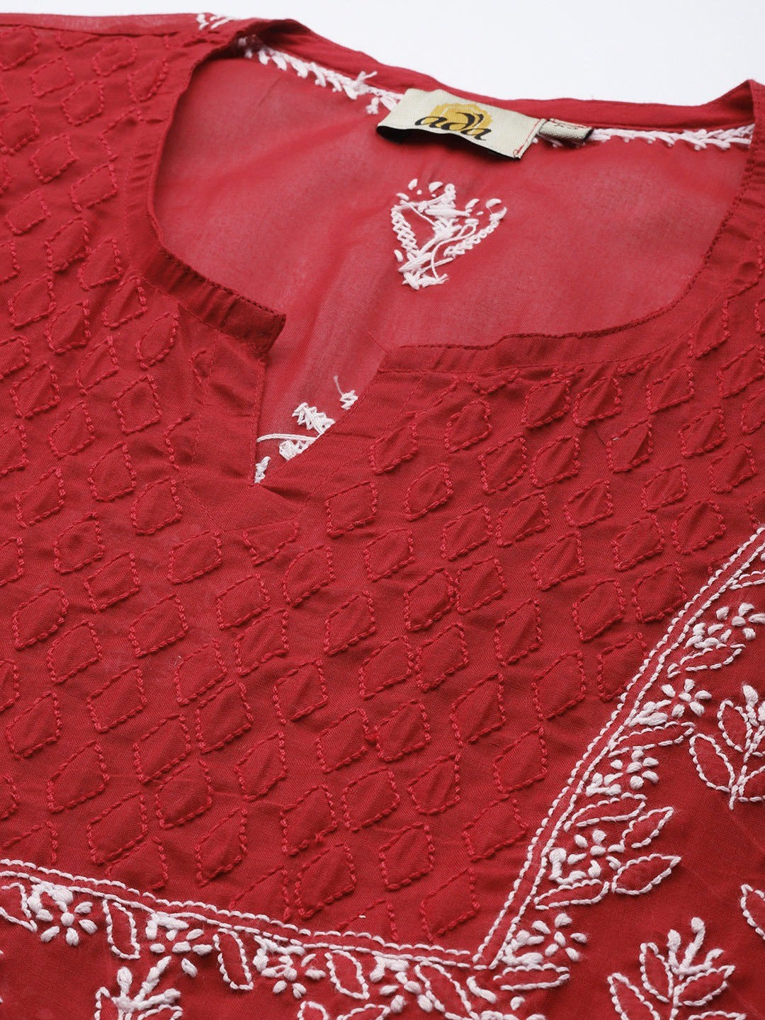 Ada Hand Embroidered Red Cotton Lucknow Chikan Kurti A911213