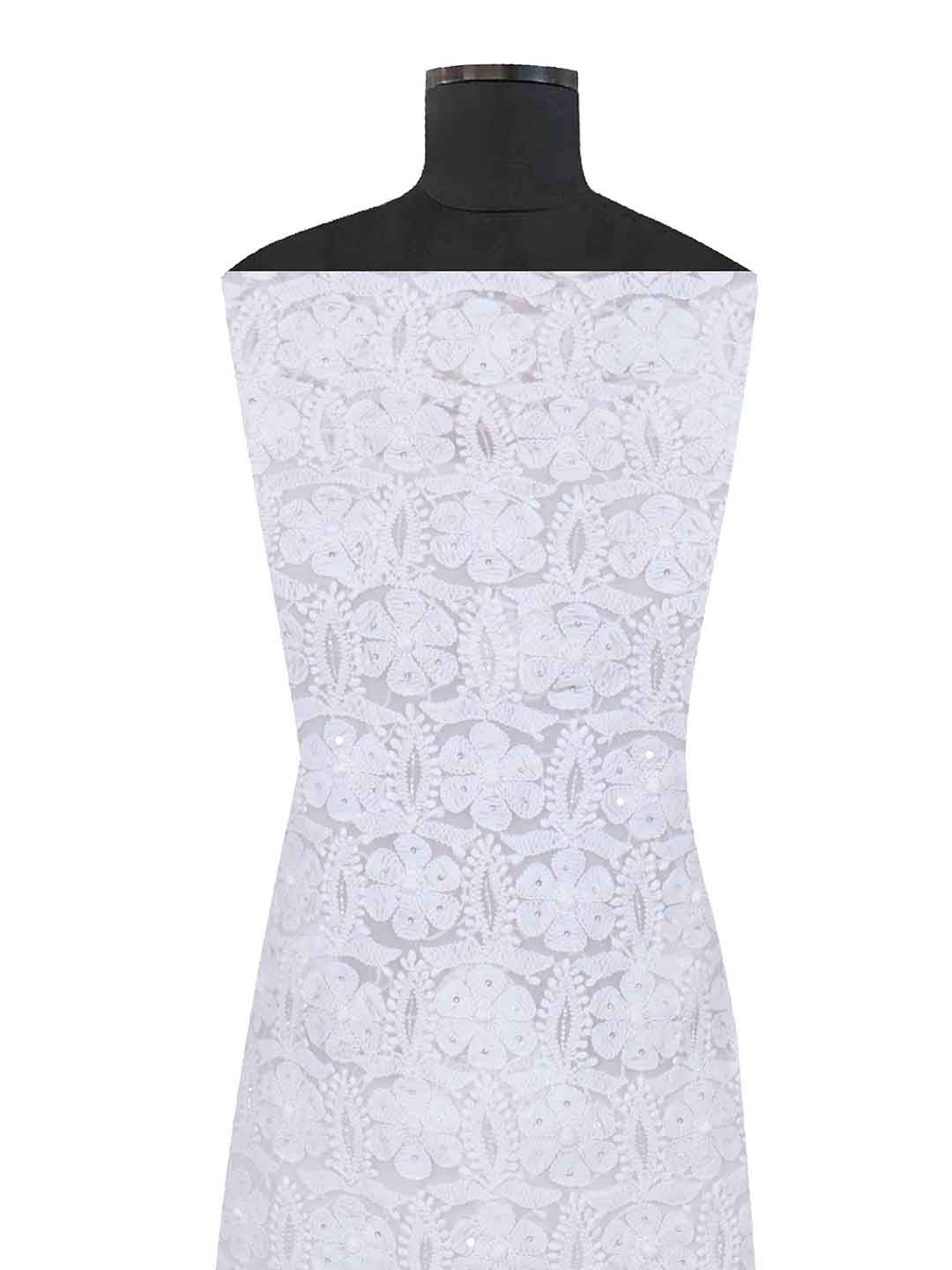 Ada Hand Embroidered White Georgette Lucknowi Chikan Unstitched Kurta Piece With Cutdana Work A611852