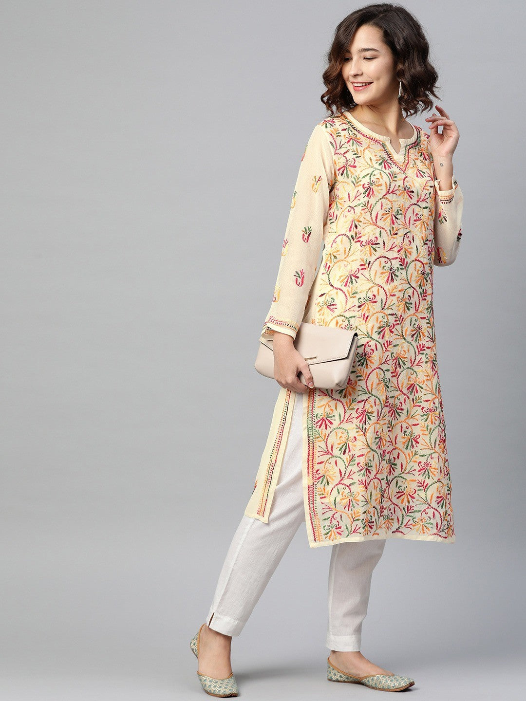 Ada Hand Embroidered Fawn Georgette Lucknowi Chikankari Straight Kurta With Slip A90318