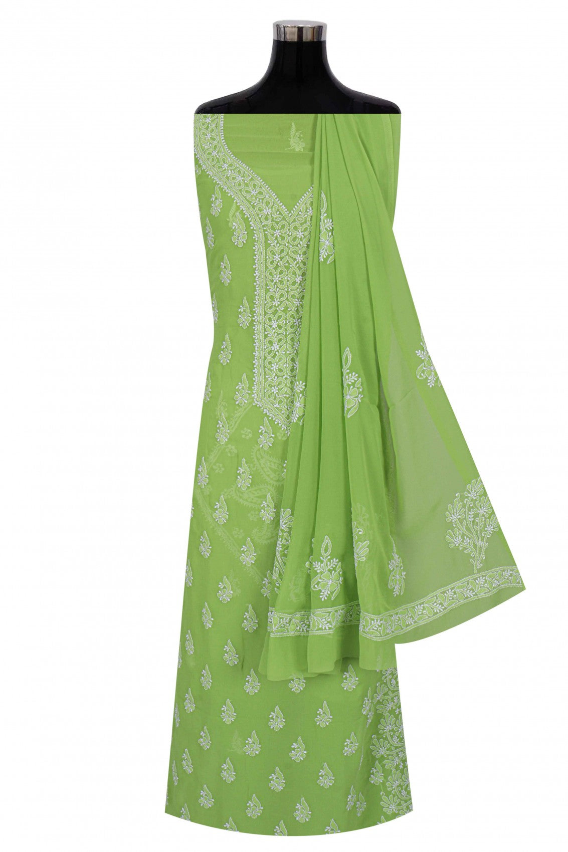 Ada Hand Embroidered Parrot Green Georgette Lucknowi Chikankari Unstitched Suit Piece A615327
