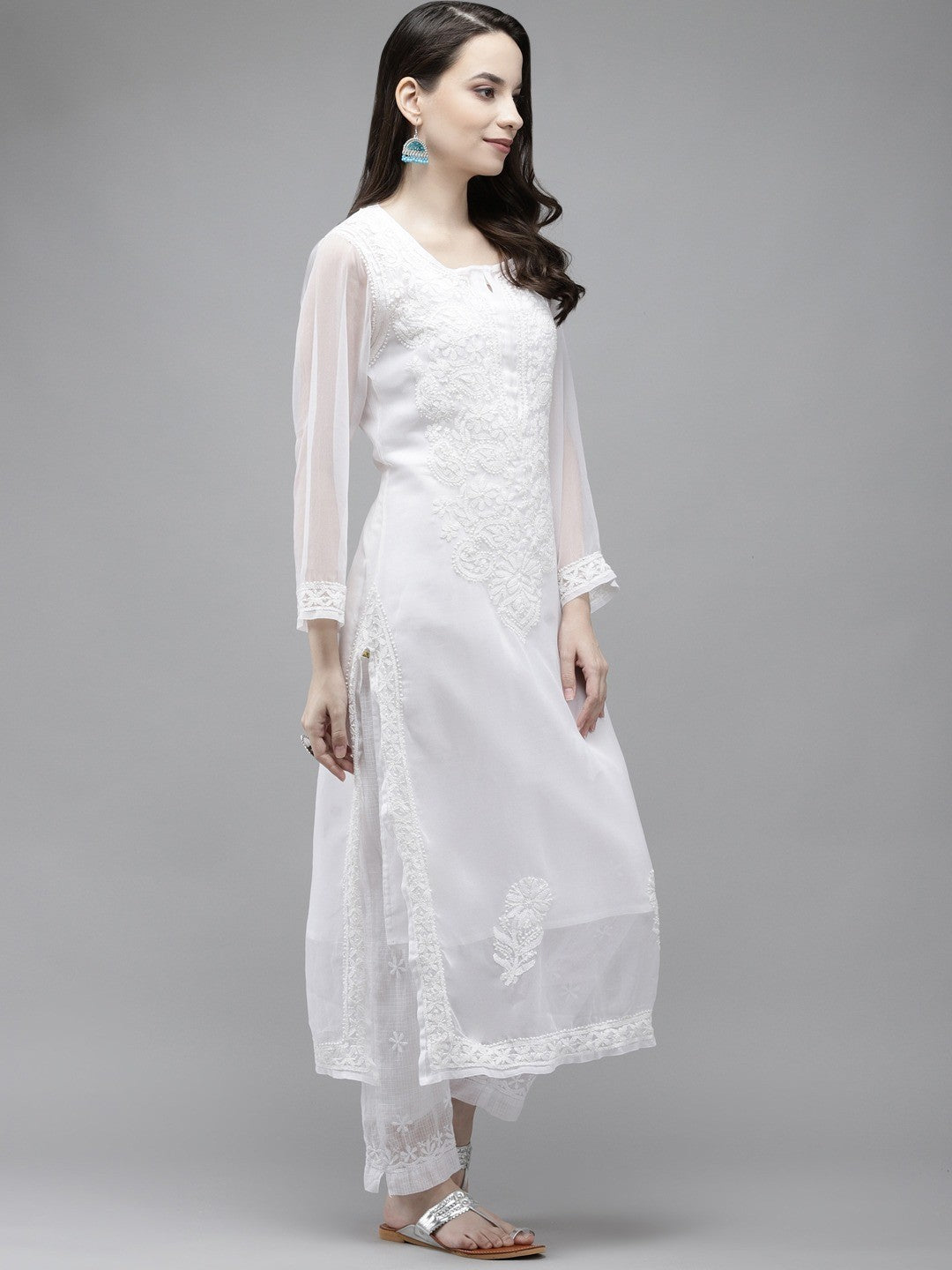 Ada Hand Embroidered White Georgette Lucknow Chikan Straight Kurta With Slip A411296