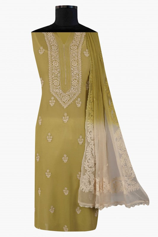 Ada Hand Embroidered Mehendi Green Pure Georgette Lucknowi Chikan Unstitched Kurta Dupatta Set A482884