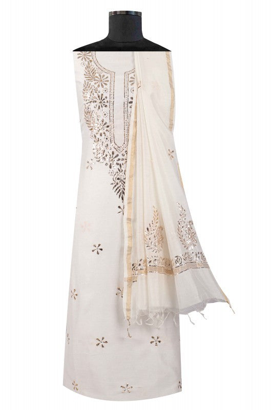 Ada Hand Embroidered White Chanderi Lucknowi Chikankari Unstitched Kurta Dupatta Set With Muqaish Work 01A40918