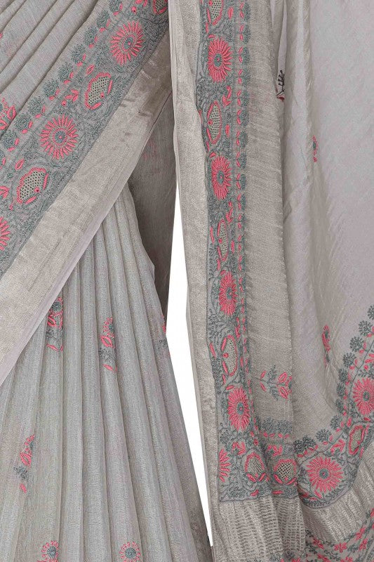 Ada Hand Embroidered Grey Tissue Lucknow Chikan Saree With Blouse-A622171