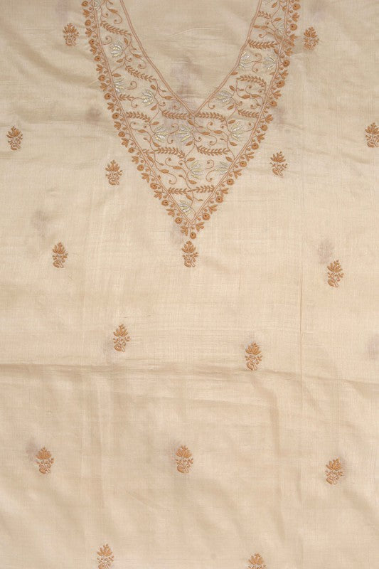 Ada Hand Embroidered Natural Fawn Tussar Silk Lucknowi Chikan Unstitched Kurta Piece A58146