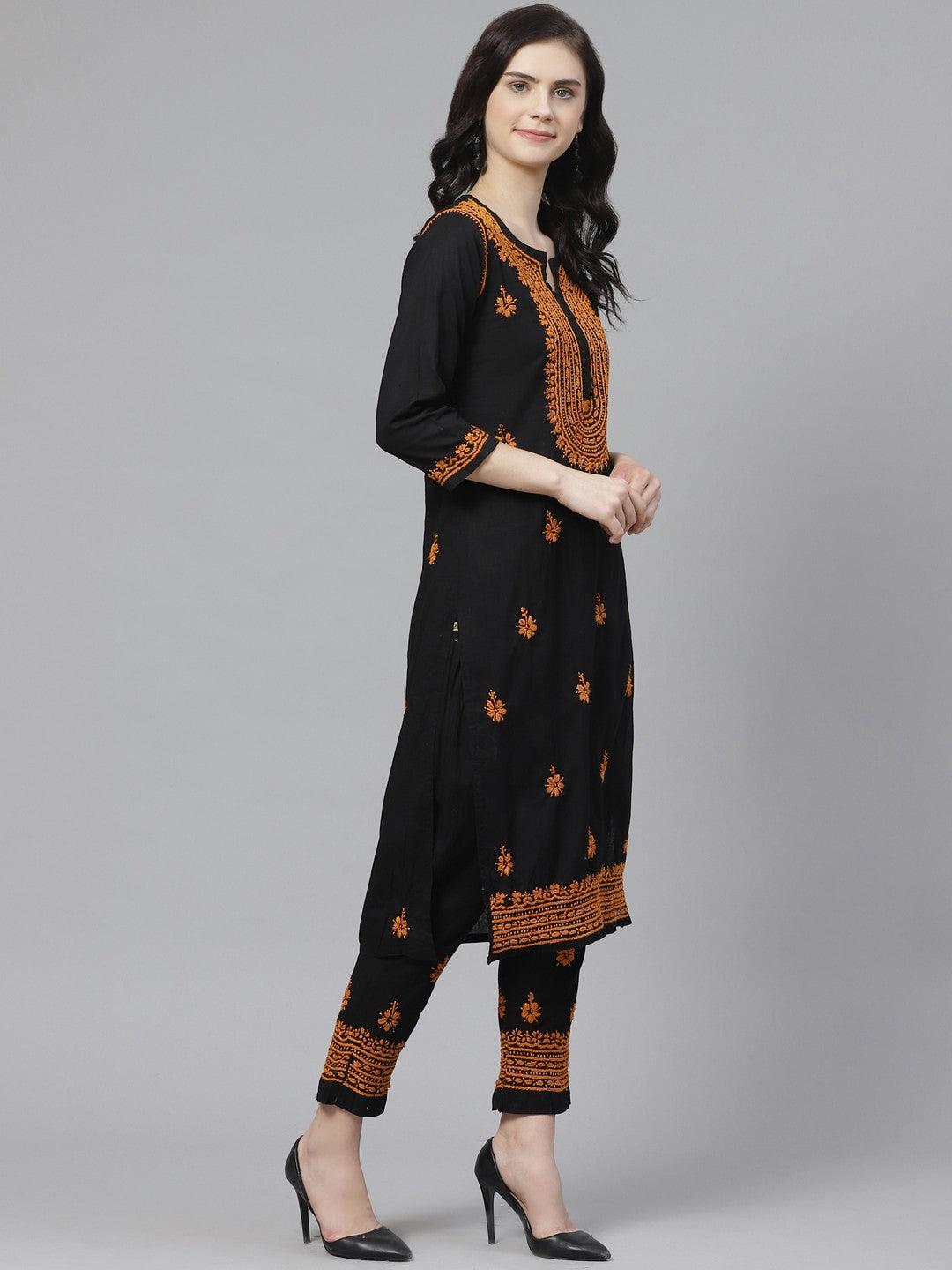Ada Hand Embroidered Black Cotton Lucknowi Chikankari Kurta with Trouser Set A100553