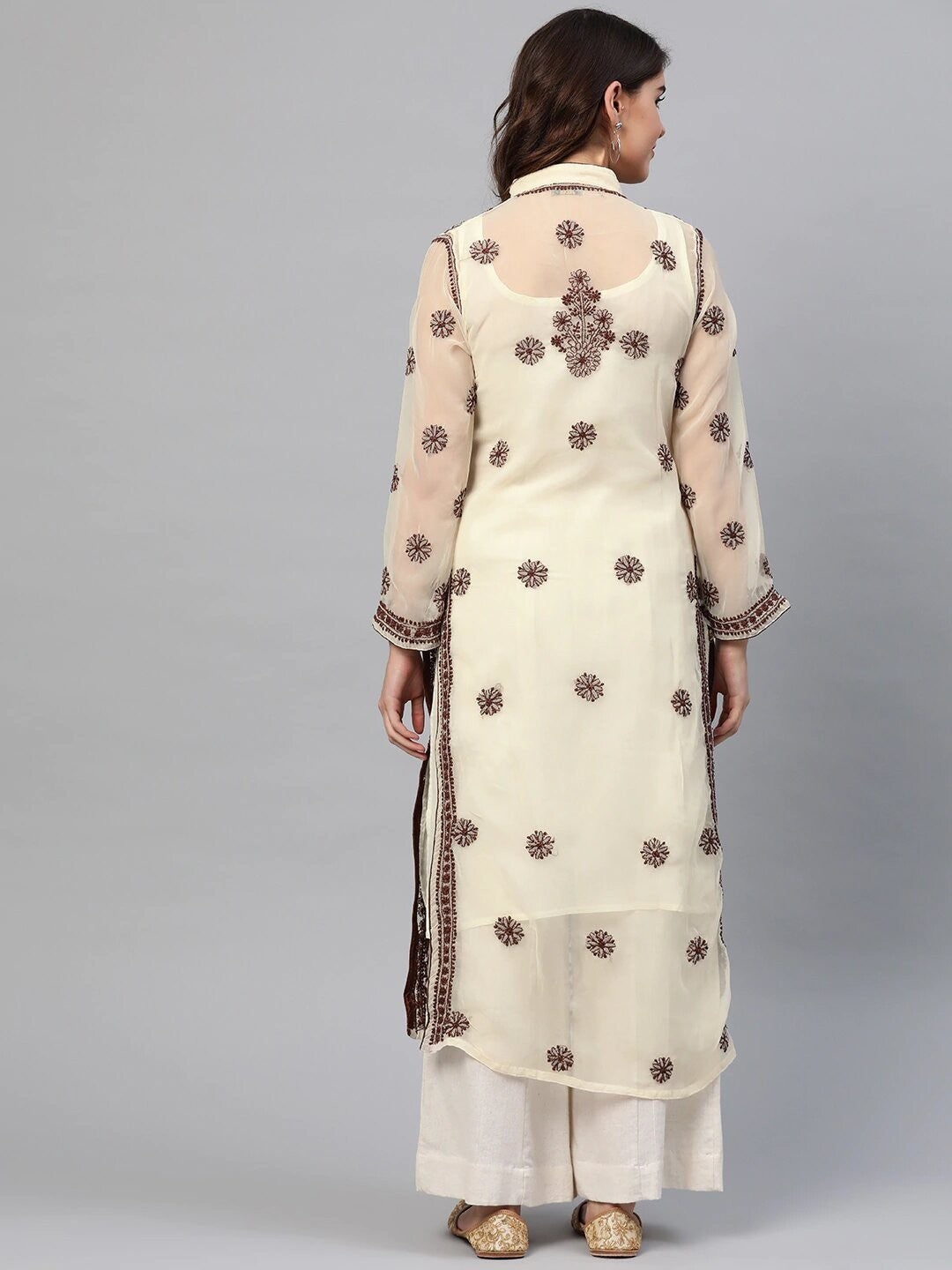 Ada Hand Embroidered Fawn Georgette Lucknowi Chikankari Straight Kurti with Slip A225189