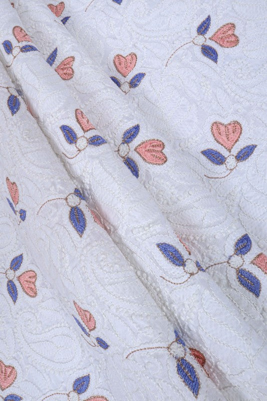 Ada Hand Embroidered White Cotton Lucknowi Chikan Unstitched Suit Piece With Zari Work A291296
