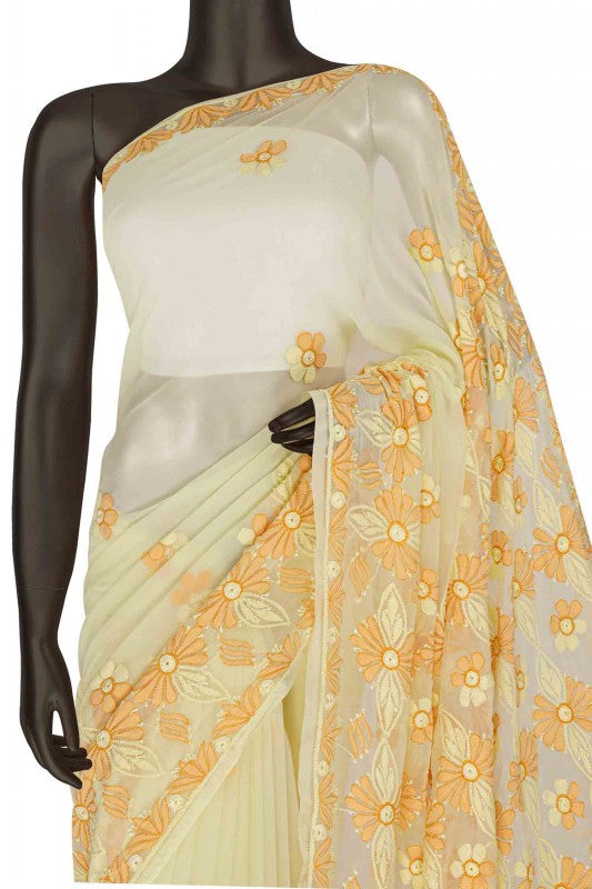 Ada Hand Embroidered Yellow Georgette Lucknowi Chikankari Saree with Blouse A630384