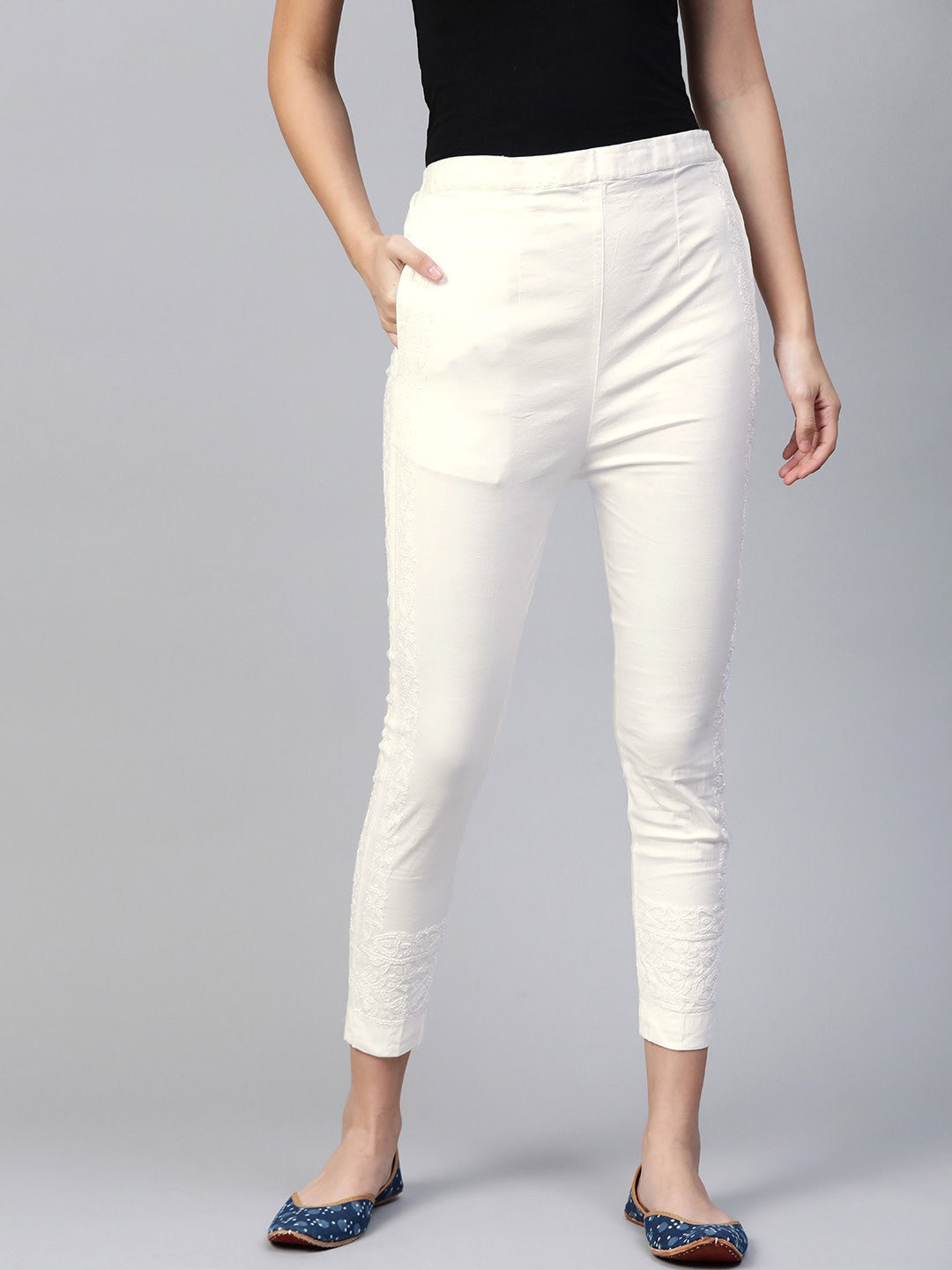 Ada Hand Embroidered White Cotton Lucknowi Chikankari Pant A116120