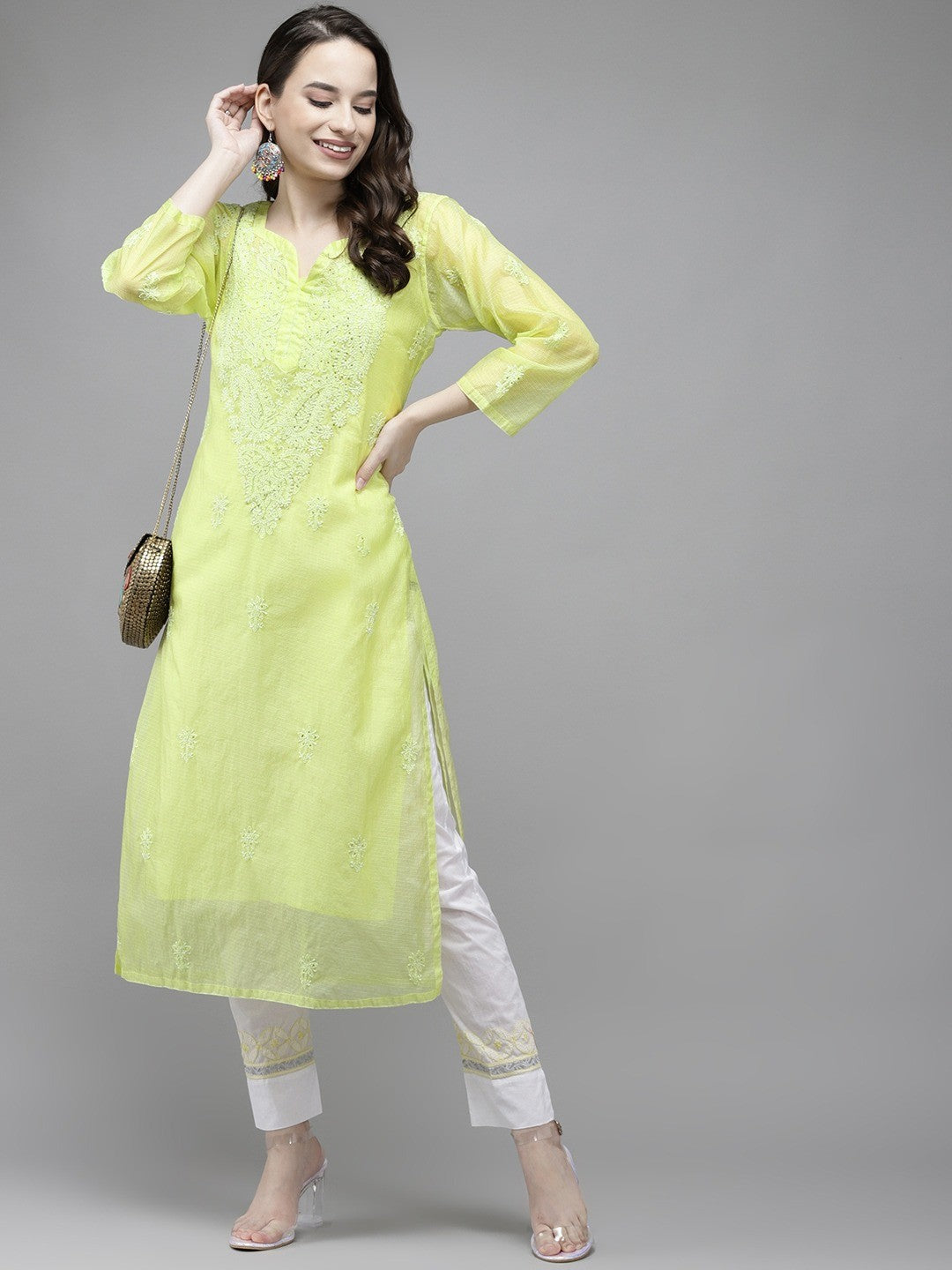 Ada Hand Embroidered Green  Kota Lucknow Chikankari Kurta/Slip With Muqaish Work-A411292