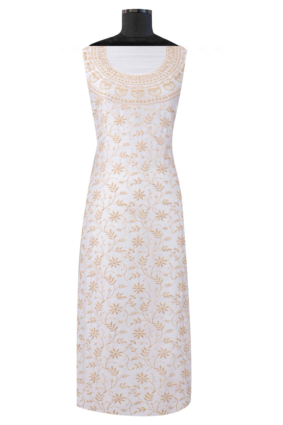 Ada Hand Embroidered Cream Chanderi Lucknowi Chikankari Unstitched Kurta Dupatta Set 01A130056