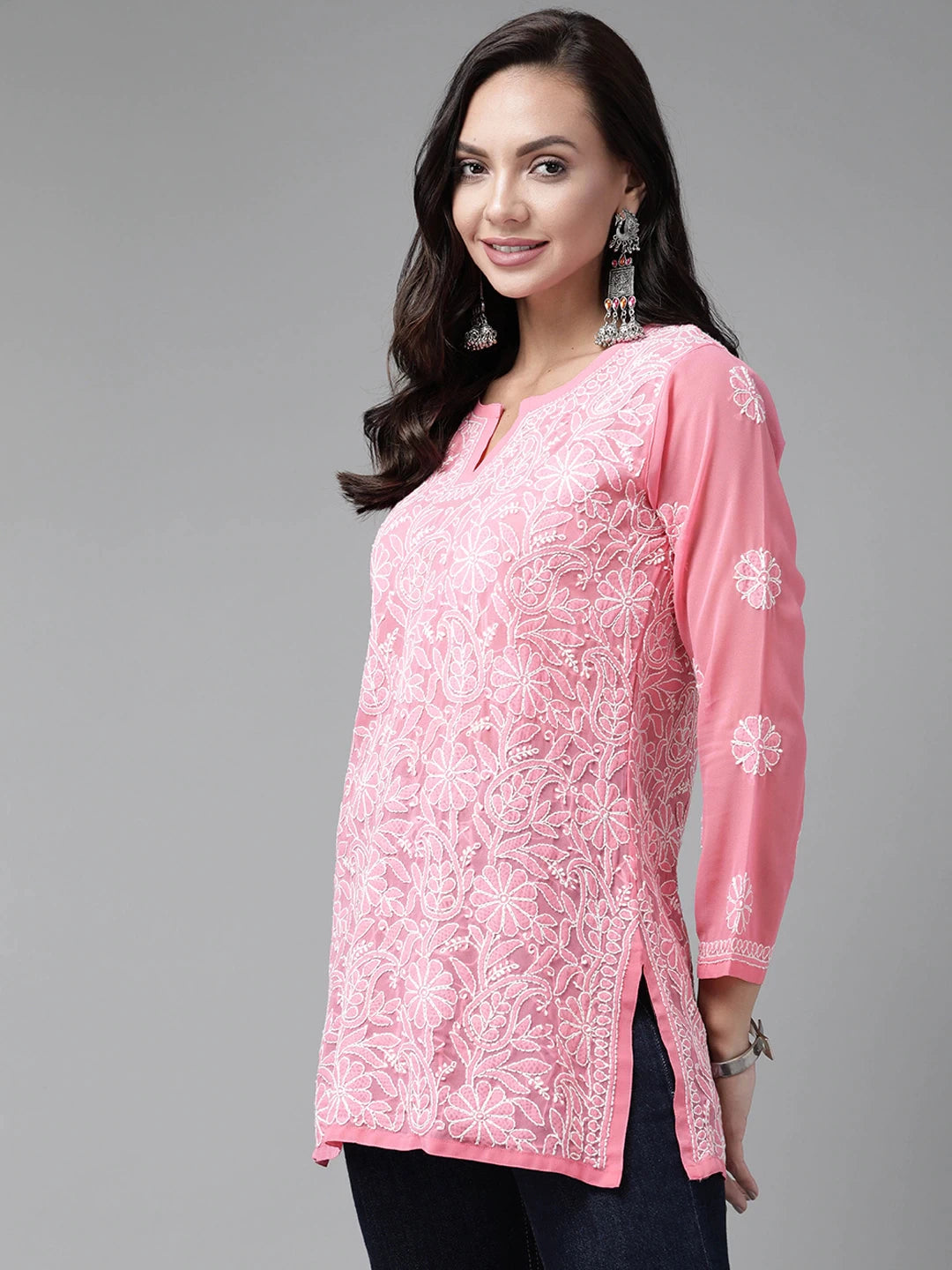 Ada Hand Embroidered Rose Pink Georgette Lucknowi Chikankari Straight Kurti A911225