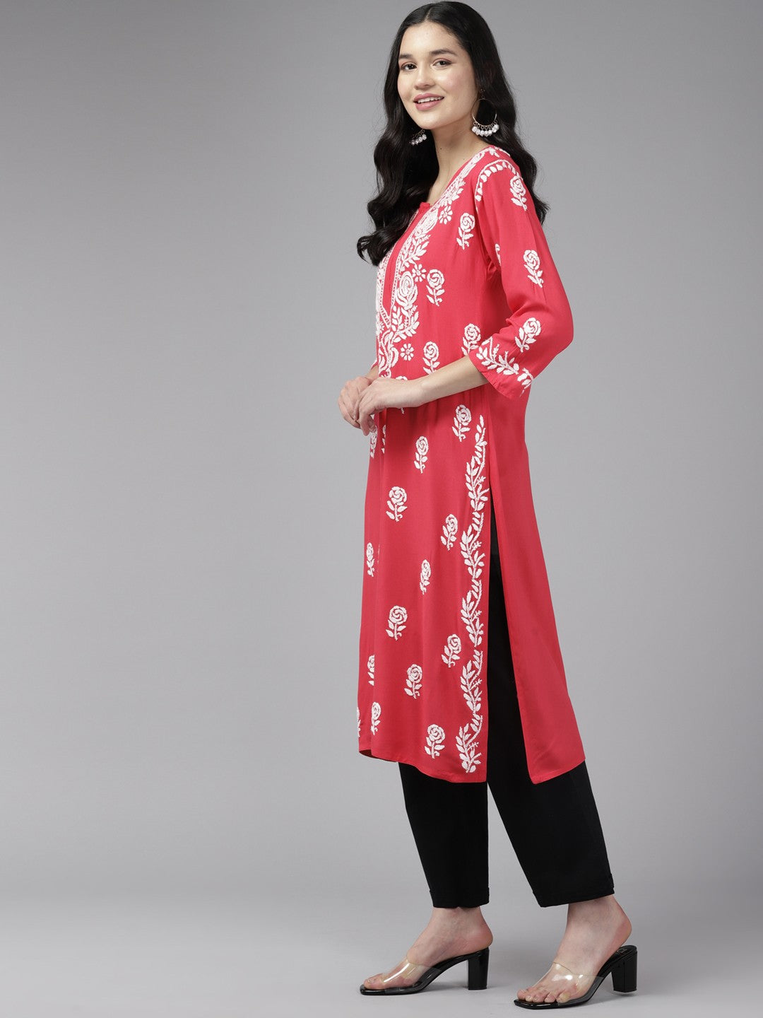 Ada Hand Embroidered Carrot Pink Rayon Lucknowi Chikankari Straight Kurta A411431