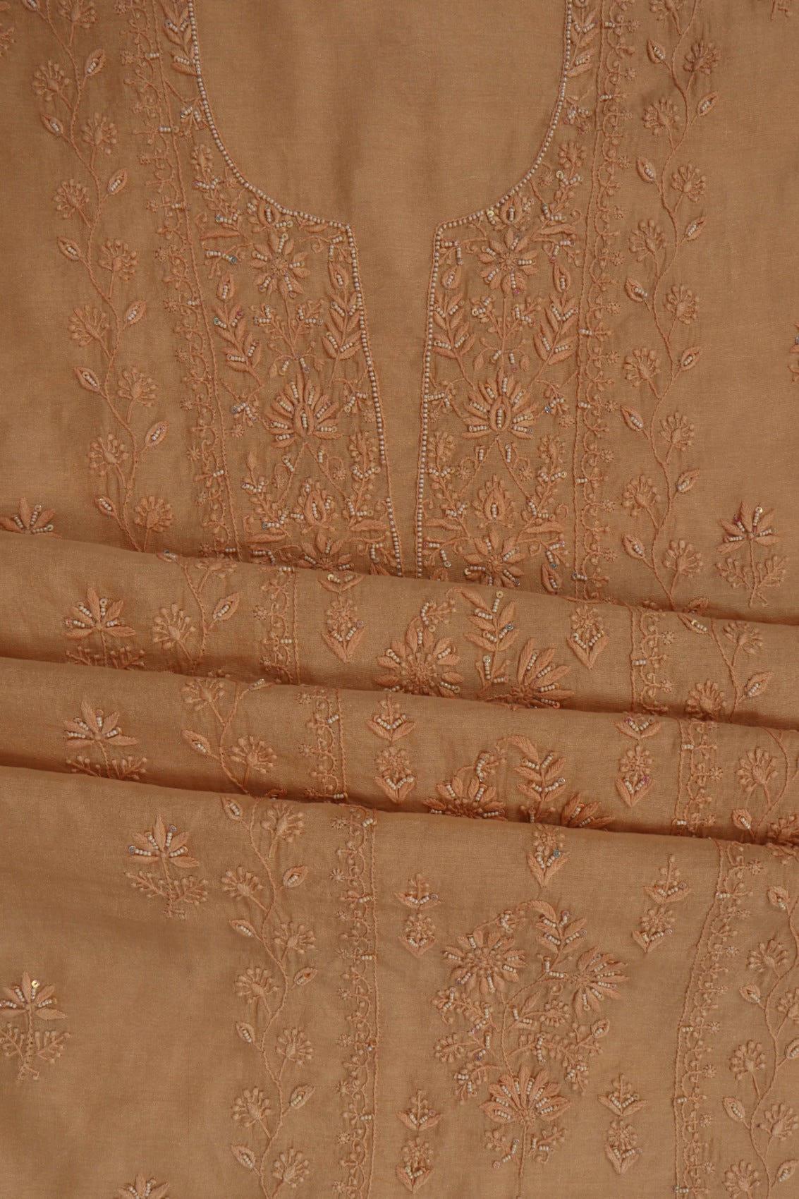Ada Hand Embroidered Fawn Tissue Lucknowi Chikankari Unstitched Kurta Dupatta Set With Pearl Work 01A193513
