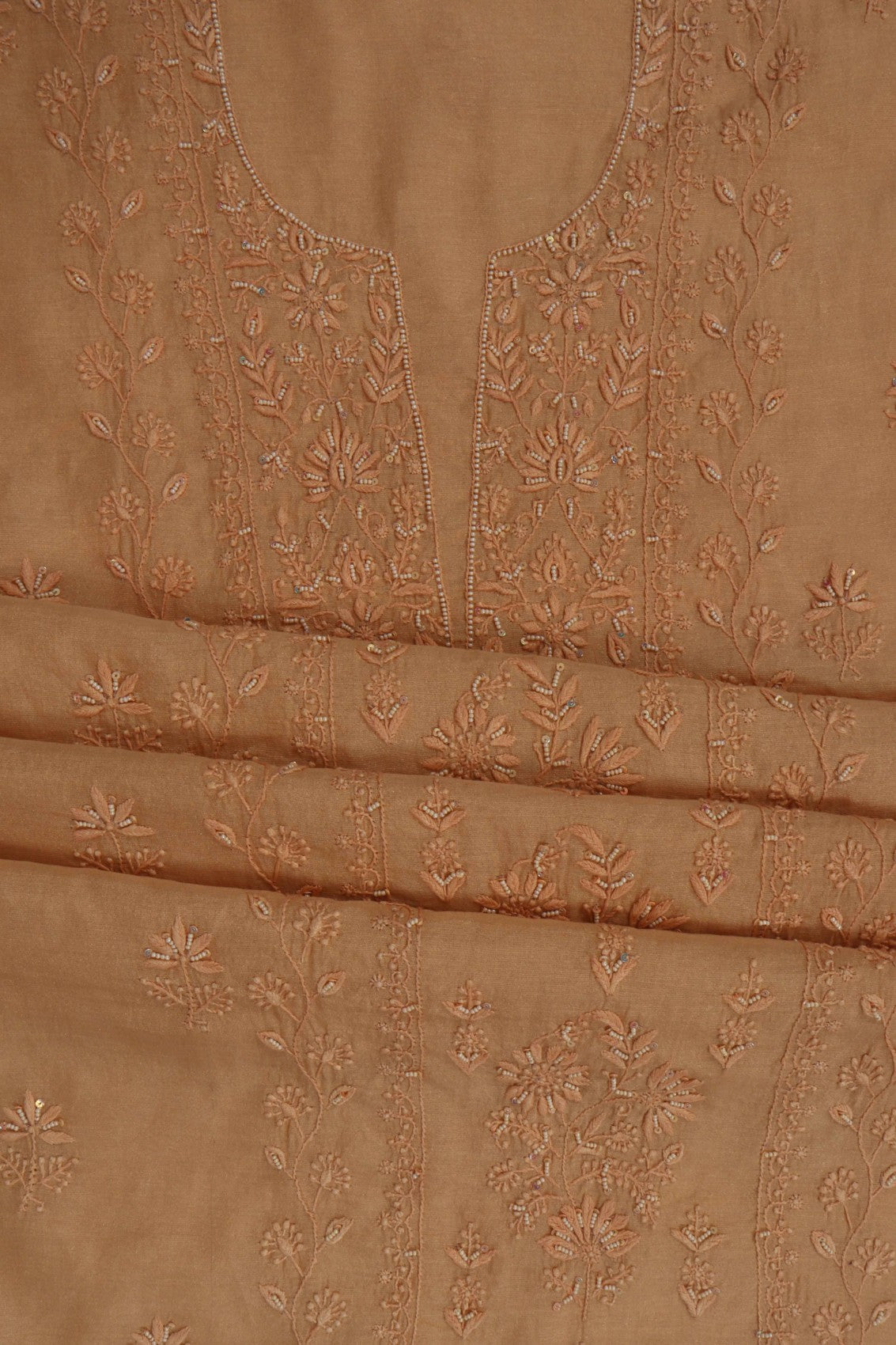 Ada Hand Embroidered Fawn Tissue Lucknowi Chikankari Unstitched Kurta Dupatta Set With Pearl Work 01A193513