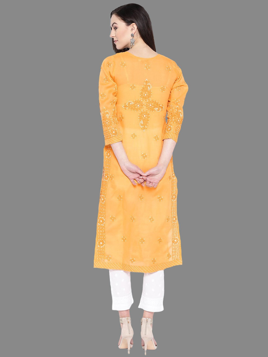 Ada Hand Embroidered Mustard Cotton Lucknowi Chikankari Kurta With Trouser Set A100223