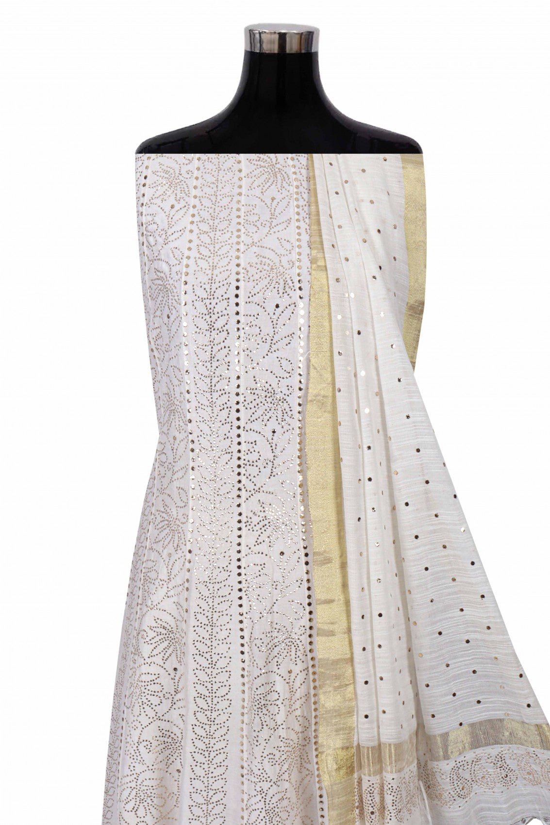 Ada Hand Embroidered Cream Chanderi Lucknowi Chikankari Semi-Stitched Anarkali Kurta Dupatta Set With Muqaish Work 01A162494
