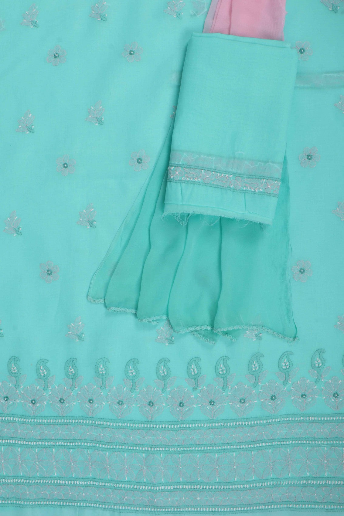 Ada Hand Embroidered Sea Green Cotton Lucknowi Chikankari Unstitched Suit Piece 01A215130