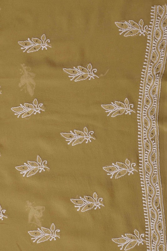 Ada Hand Embroidered Sepia Fawn Pure Georgette Lucknowi Chikan Unstitched Kurta Dupatta Set with Muqaish Work A230565