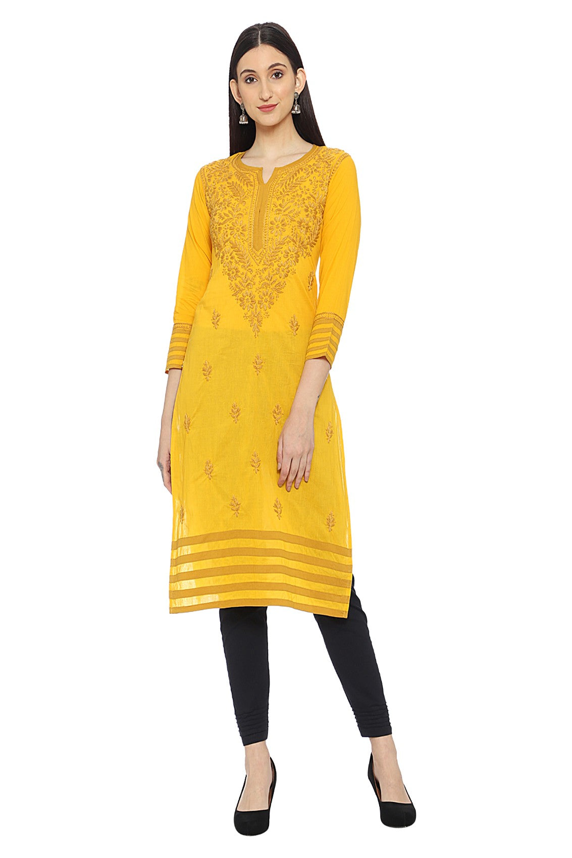 Ada Hand Embroidered Mustard/Black Cotton Lucknowi Chikankari Kurta Set A811222