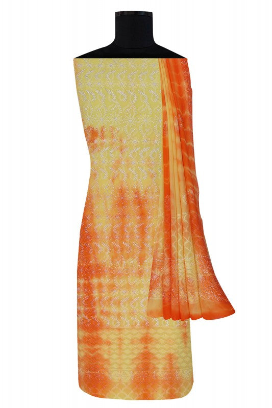 Ada Hand Embroidered Yellow/Orange Shaded Pure Georgette Lucknowi Chikan Unstitched Suit Piece A78008