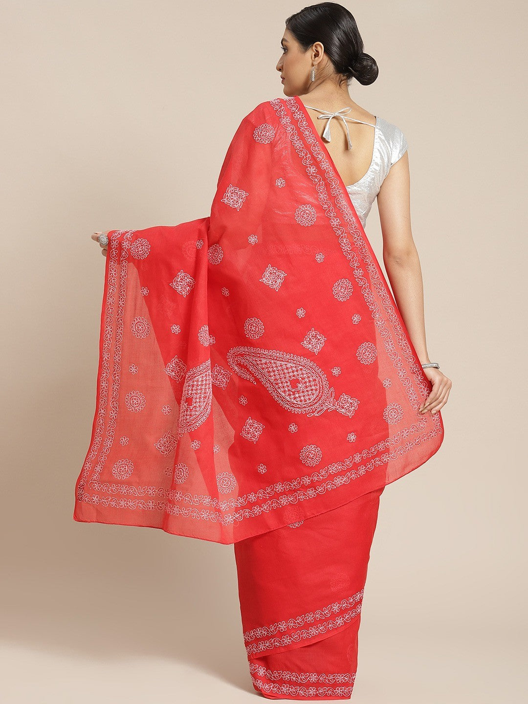 Ada Hand Embroidered Red Cotton Lucknow Chikan Saree With Blouse A311164