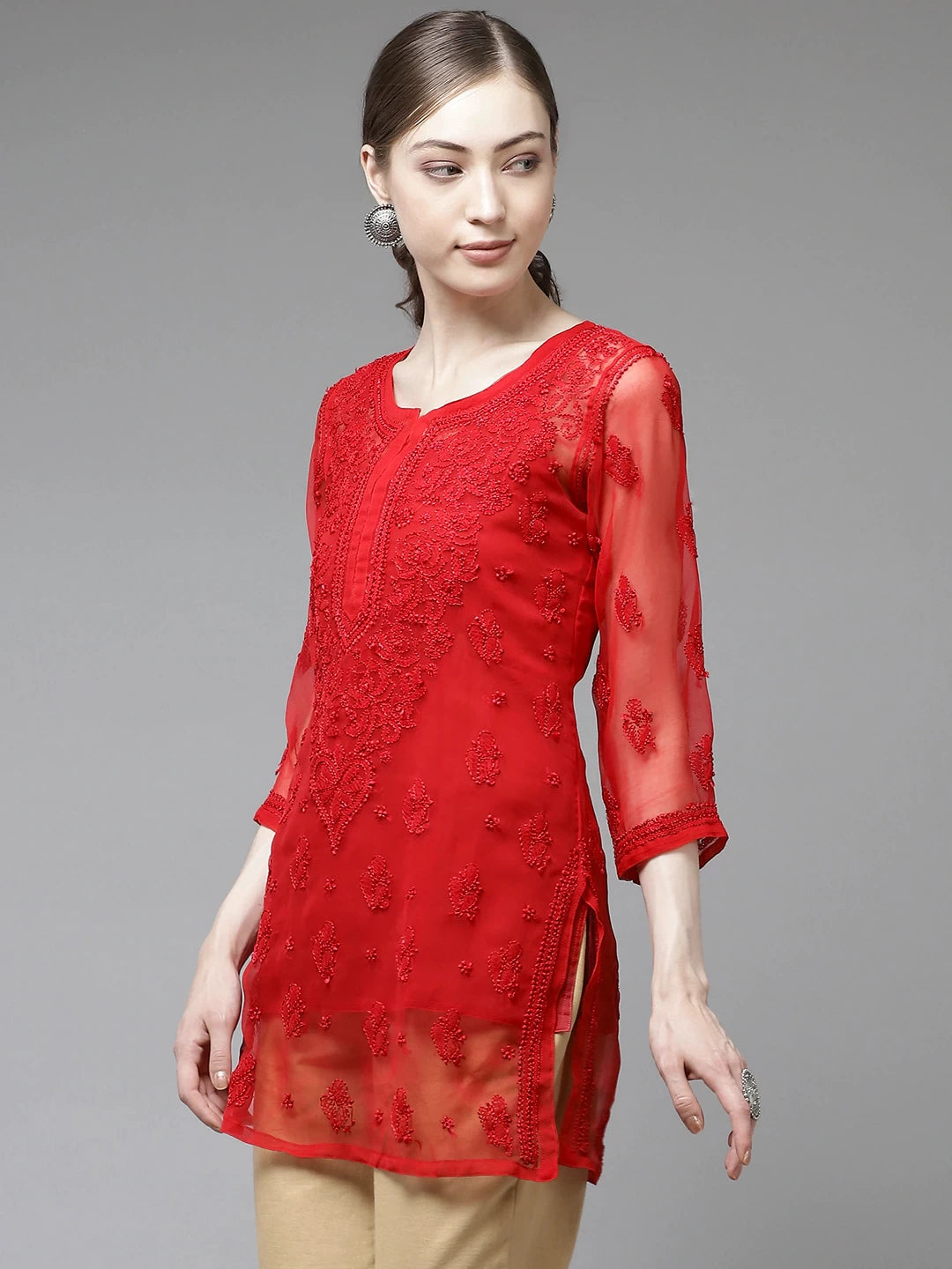 Ada Hand Embroidered Red Georgette Lucknowi Chikankari Kurti With Slip A911140