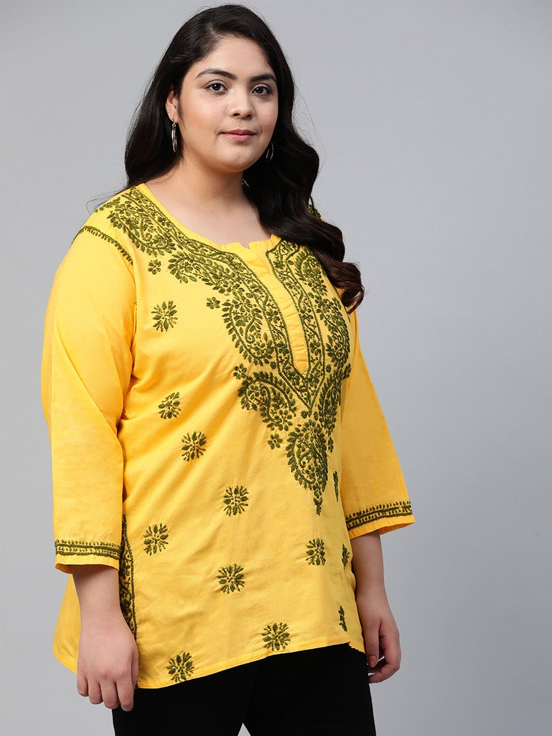 Ada Hand Embroidered Yellow Pure Cambric Cotton Lucknowi Chikan Kurti A250458
