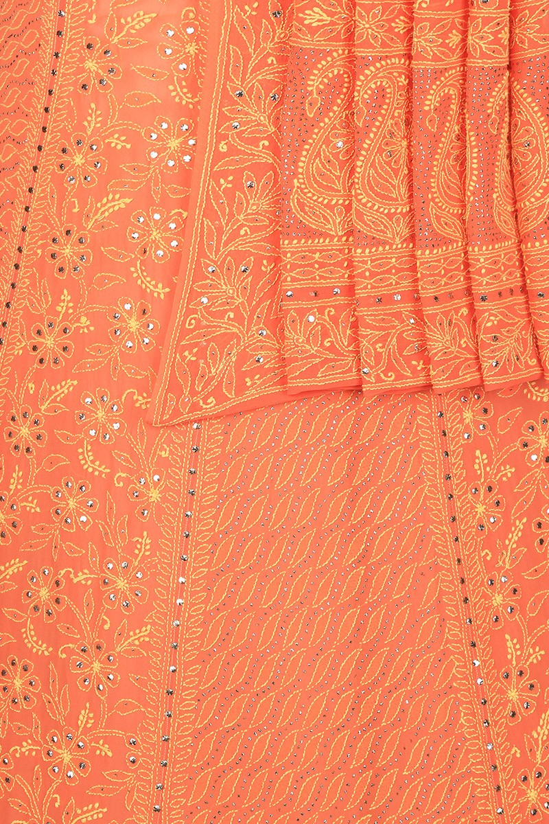 Ada Hand Embroidered Monarch Orange Pure Georgette Lucknowi Chikankari Lehenga Set With Muqaish Work– A600540
