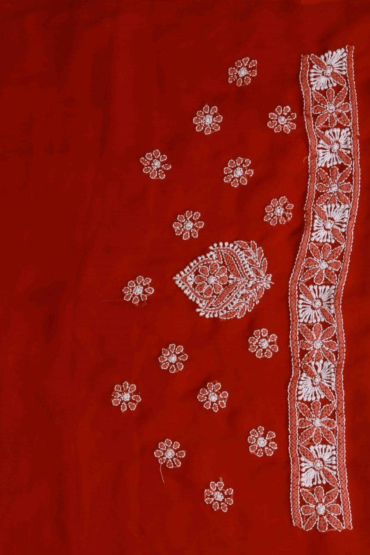 Ada Hand Embroidered Red Georgette Lucknowi Chikankari Saree with Blouse A599654