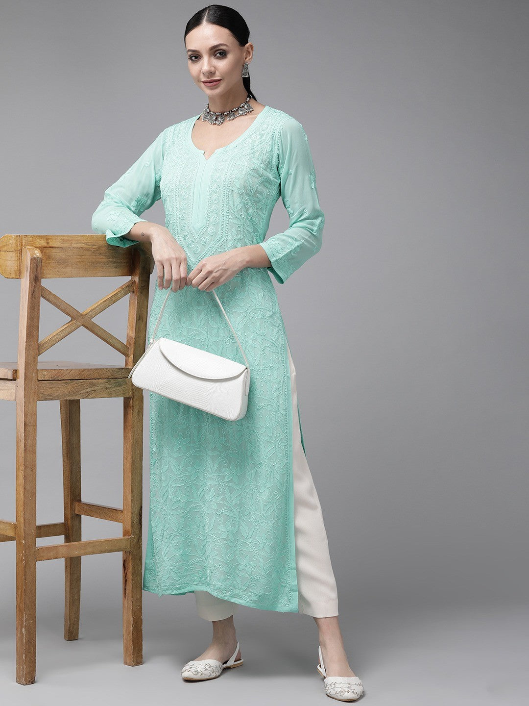 Ada Hand Embroidered Sea Green Georgette Lucknowi Chikankari Straight Kurta A411337