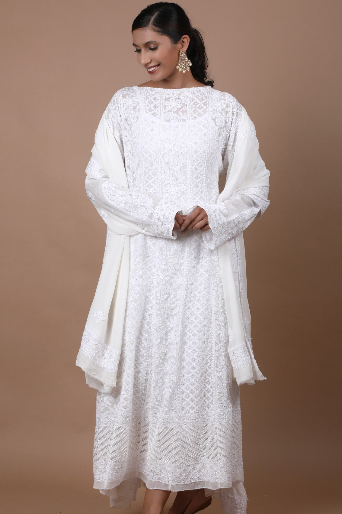 Ada Hand Embroidered White Pure Georgette Lucknowi Chikankari Semi-Stitched Anarkali Kurta Dupatta Set With Pearl Work 01A238020