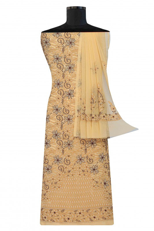 Ada Hand Embroidered Fawn Georgette Lucknowi Chikan Unstitched Suit Piece with Pearl Work A590386
