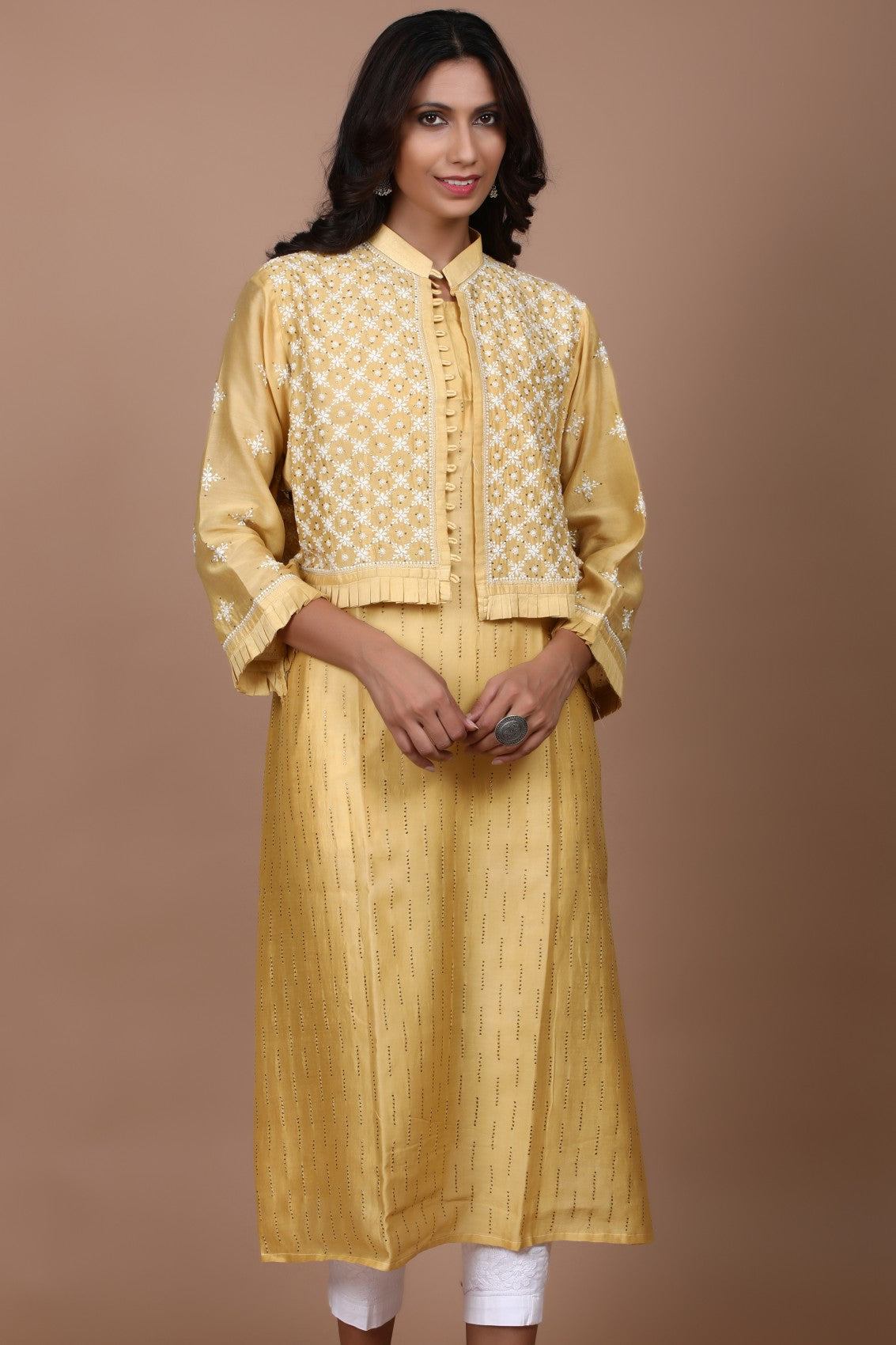 Ada Hand Embroidered Fawn Chanderi Lucknowi Chikankari Semi-Stitched Kurta/Jacket With Muqaish Work A597291