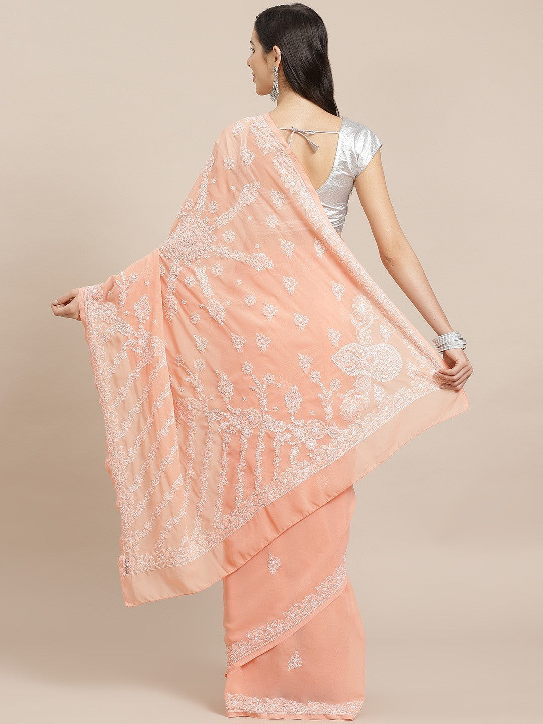 Ada Hand Embroidered Peach Georgette Lucknow Chikan Saree With Blouse -A183600