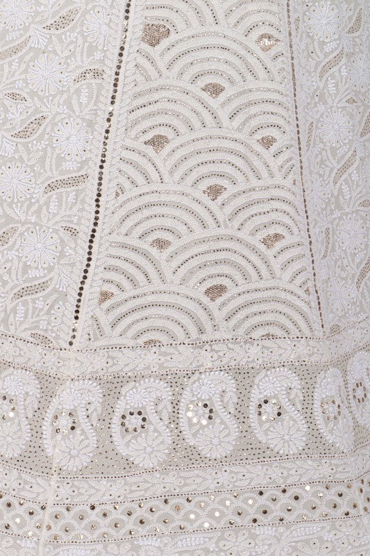 Ada Hand Embroidered White Pure Georgette Lucknowi Chikankari Lehenga Set With Muqaish Work 01A118622