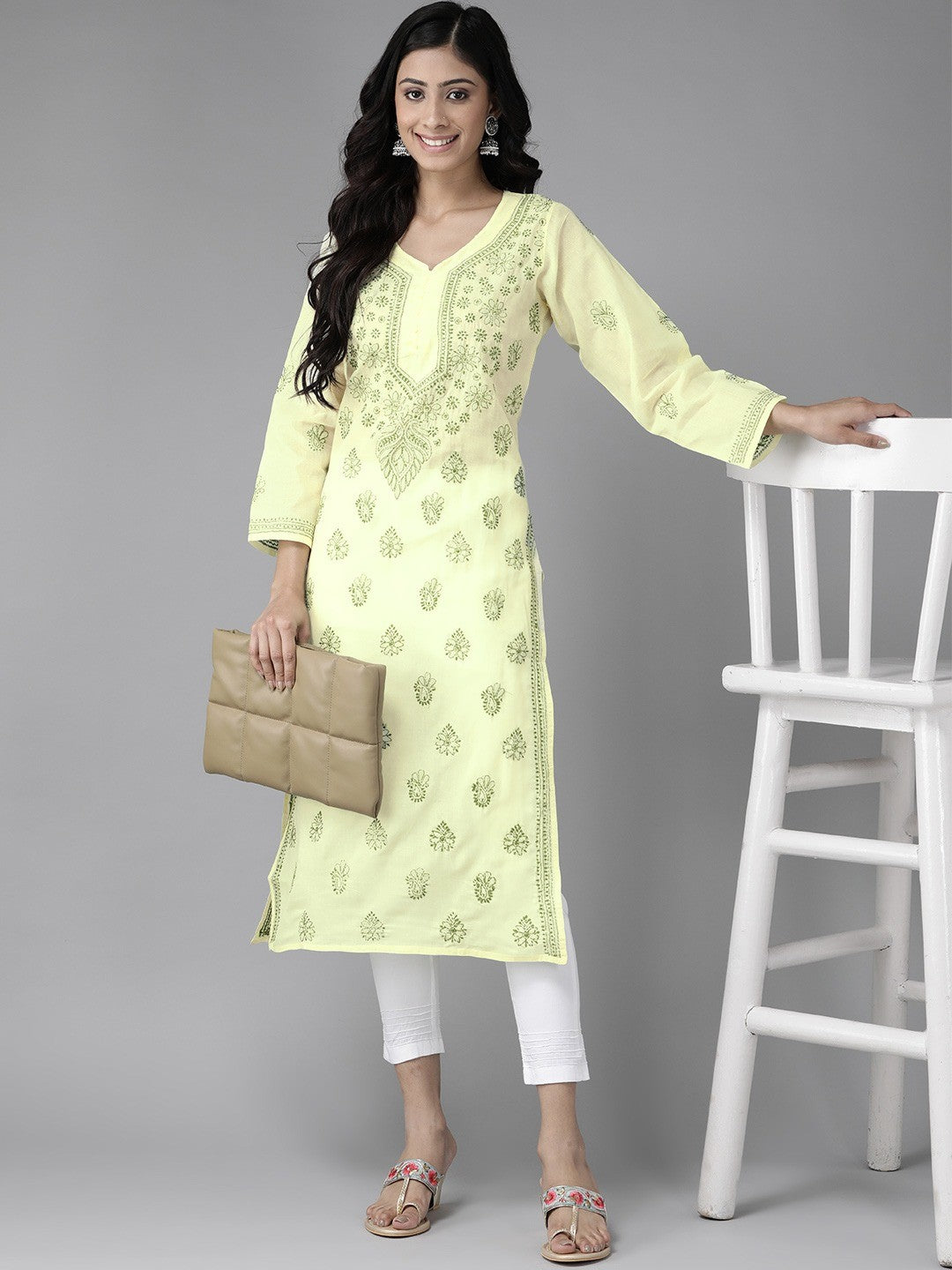 Ada Hand Embroidered Lemon Cotton Lucknowi Chikankari Kurta Set A811183