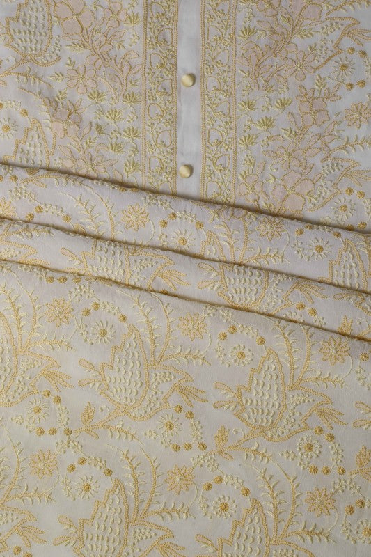Ada Hand Embroidered Cream Georgette Lucknowi Chikan Unstitched Kurta Dupatta Set A191281