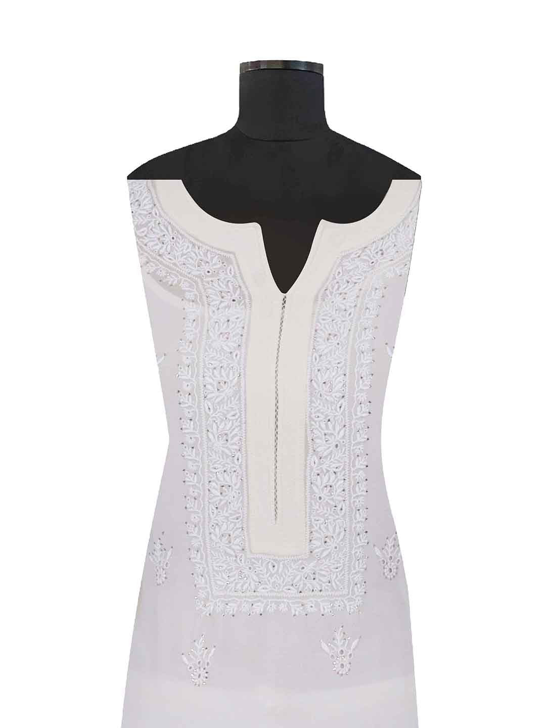 Ada Hand Embroidered White Pure Georgette Lucknowi Chikan Semi-stitched Kurta Piece With Muqaish Work A353877