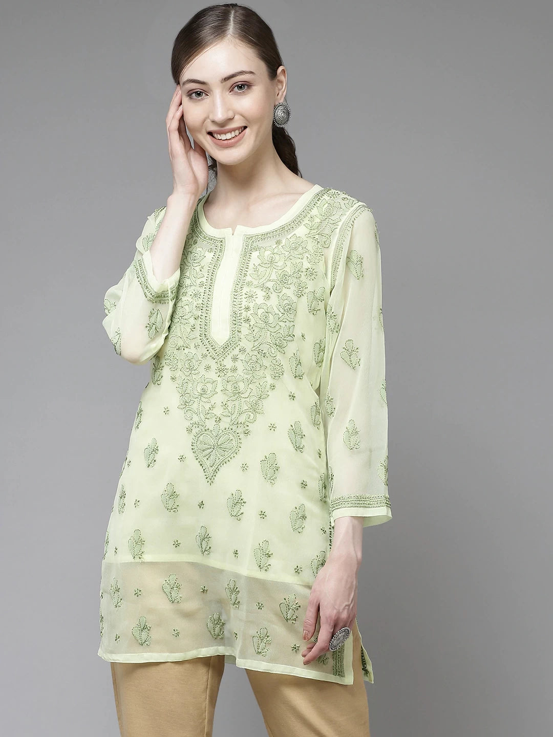 Ada Hand Embroidered Lemon Georgette Lucknow Chikan Kurti With slip-A911137