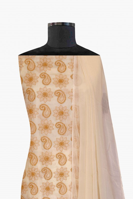 Ada Hand Embroidered Egg Nog Natural Cream Tusser Silk Lucknowi Chikan Unstitched Suit Piece-A446747
